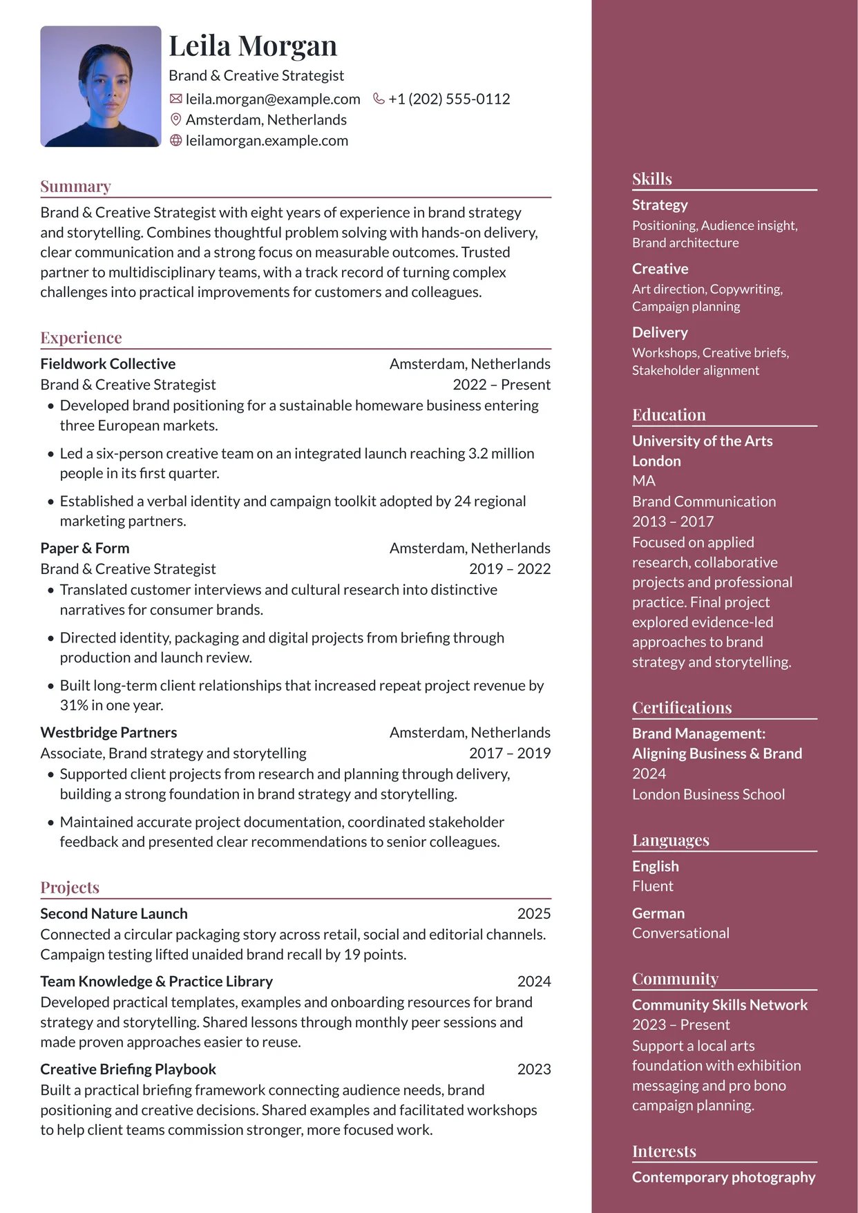First page of a resume in the Chikorita template: header over the main column and a colored sidebar on the right