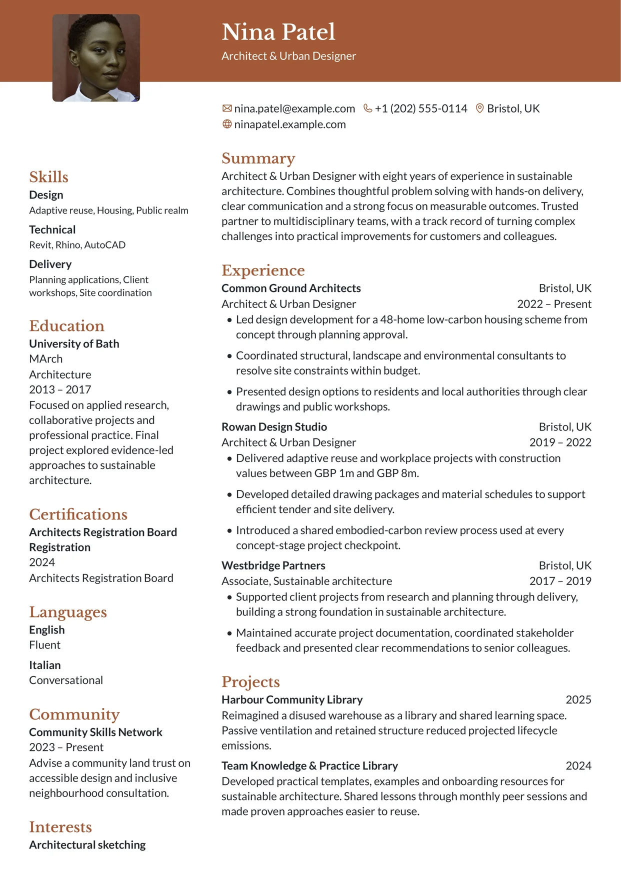 First page of a resume in the Ditto template: colored header band across the page, sidebar on the left