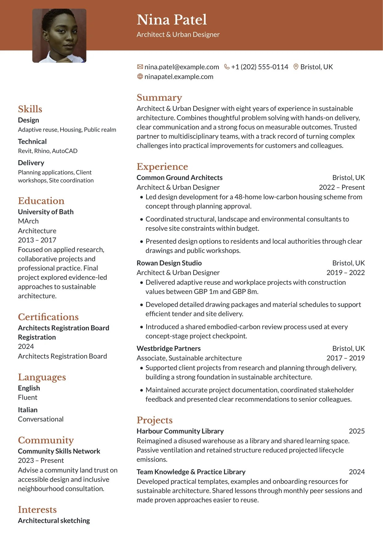 First page of a resume in the Ditto template: colored header band across the page, sidebar on the left
