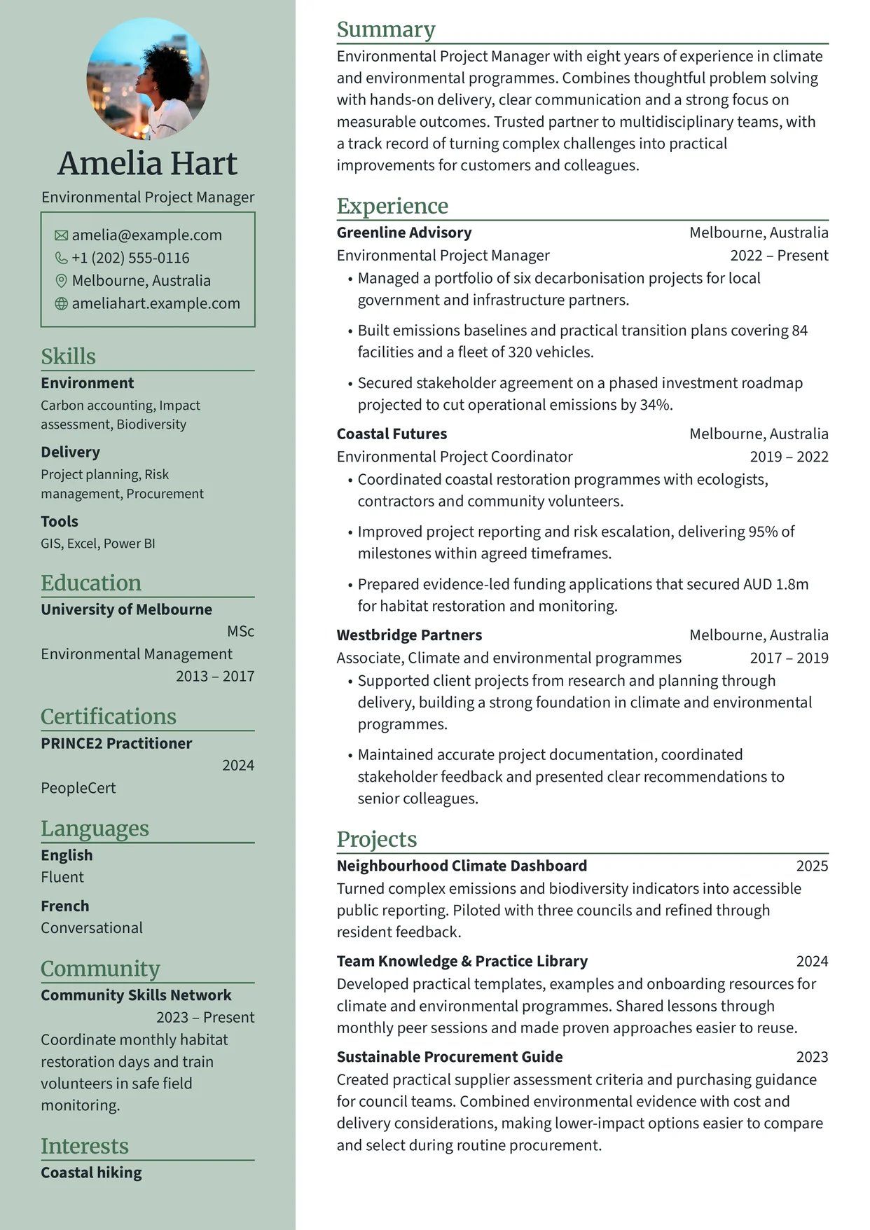 First page of a resume in the Glalie template: header and contact details in a light left sidebar