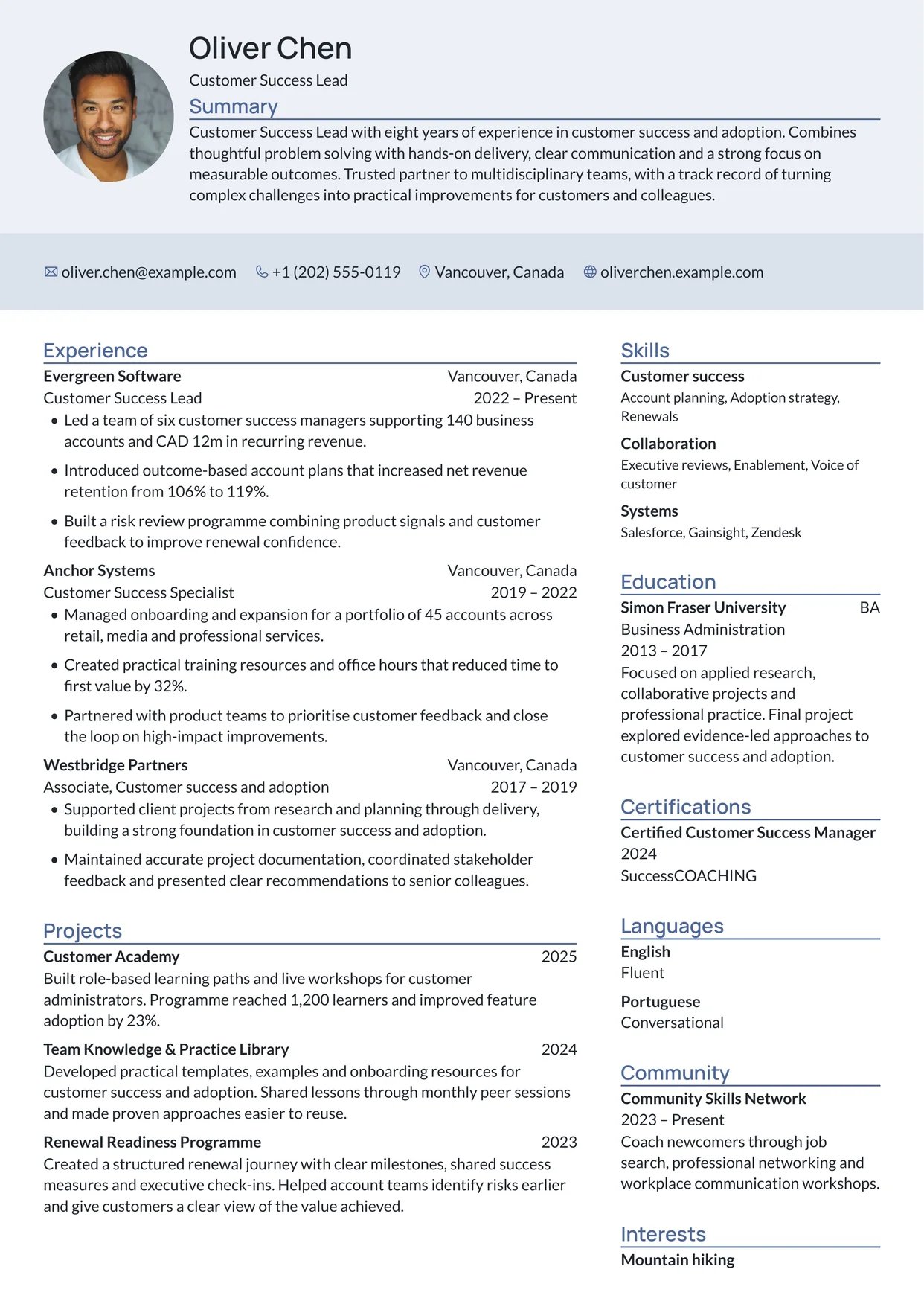 First page of a resume in the Leafish template: tinted header across the page, sidebar on the right