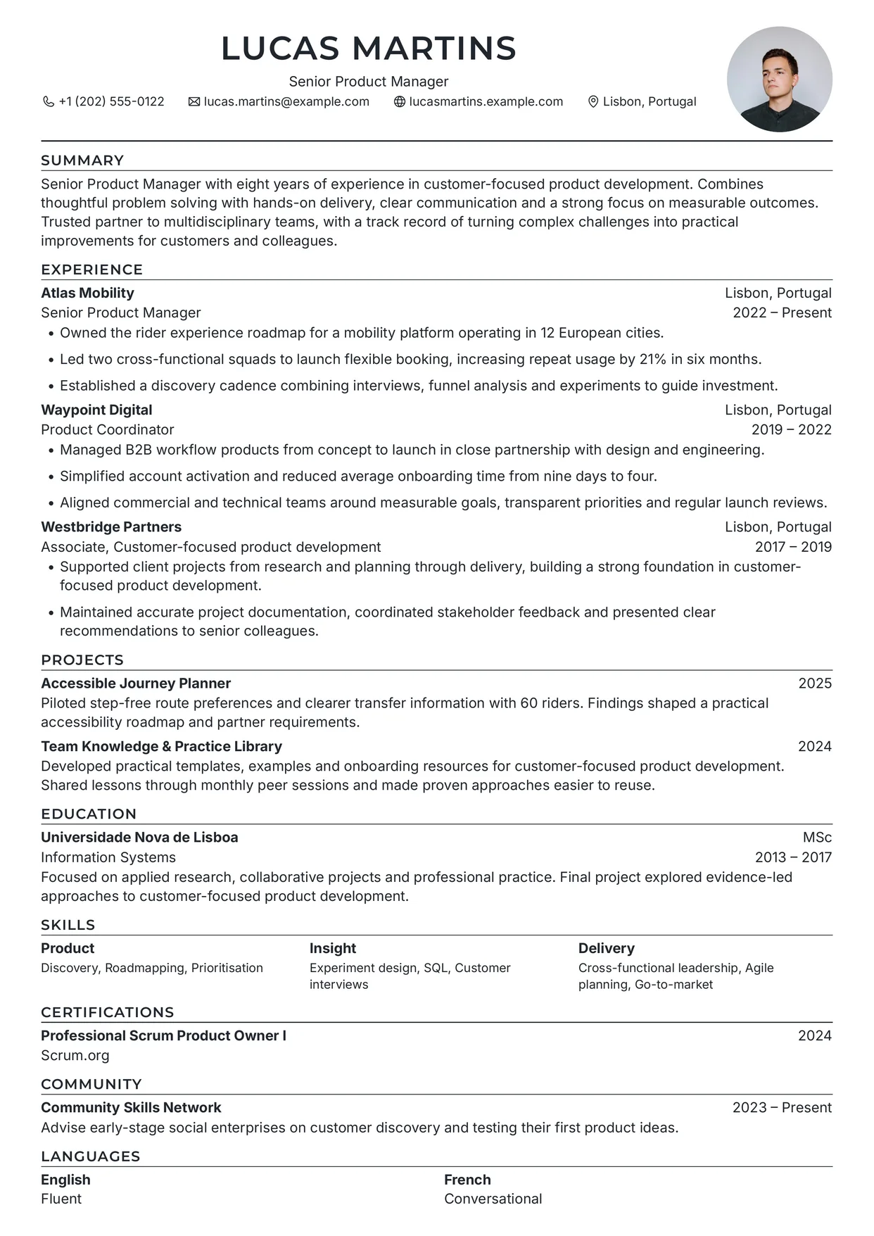First page of a resume in the Persian template: compact centered serif letterhead without a photo, uppercase section headings, thin section rules, and one column