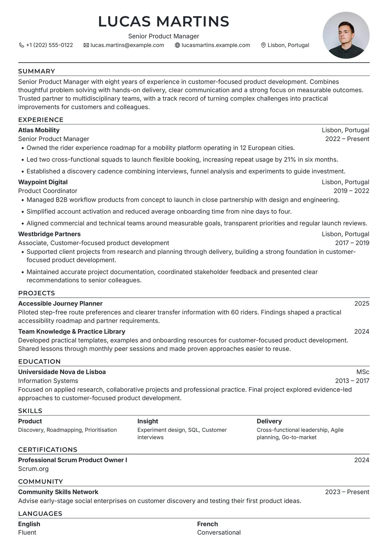 First page of a resume in the Persian template: compact centered serif letterhead without a photo, uppercase section headings, thin section rules, and one column