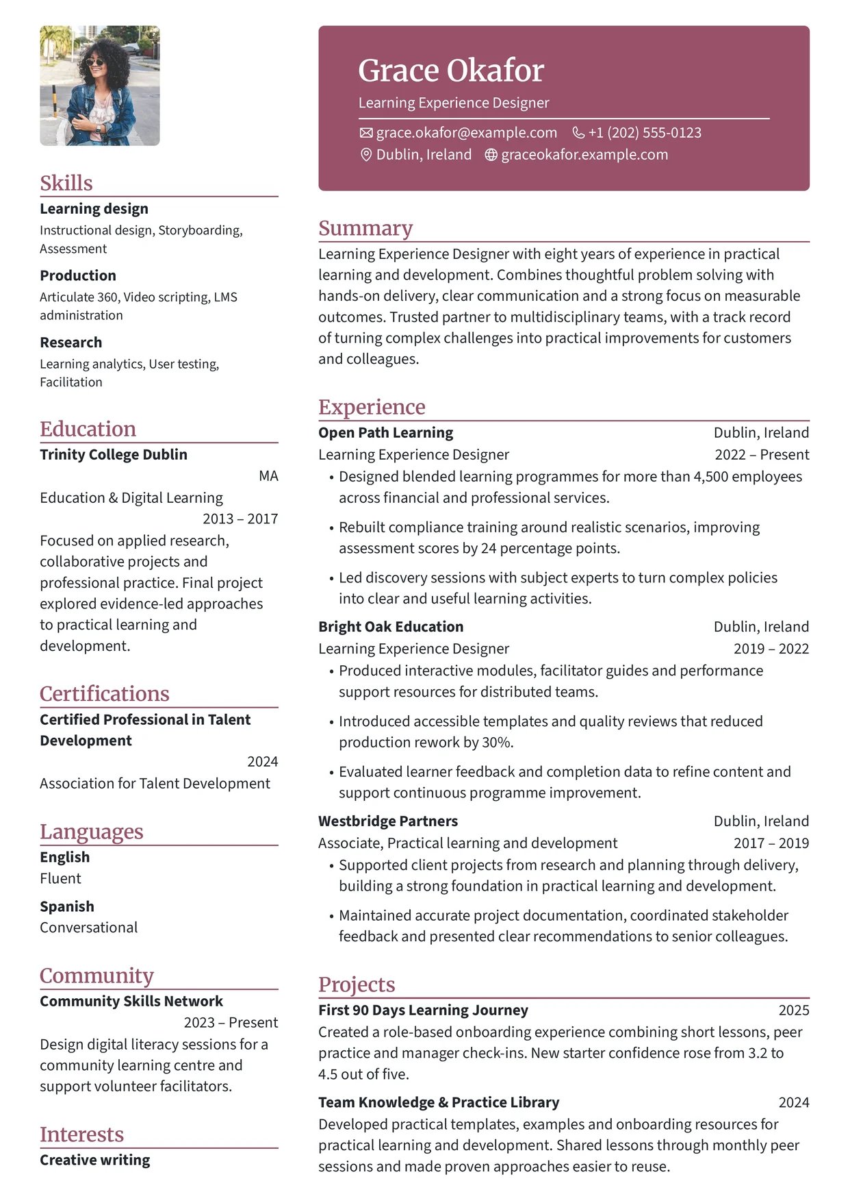 First page of a resume in the Pikachu template: colored header block over the main column, sidebar on the left