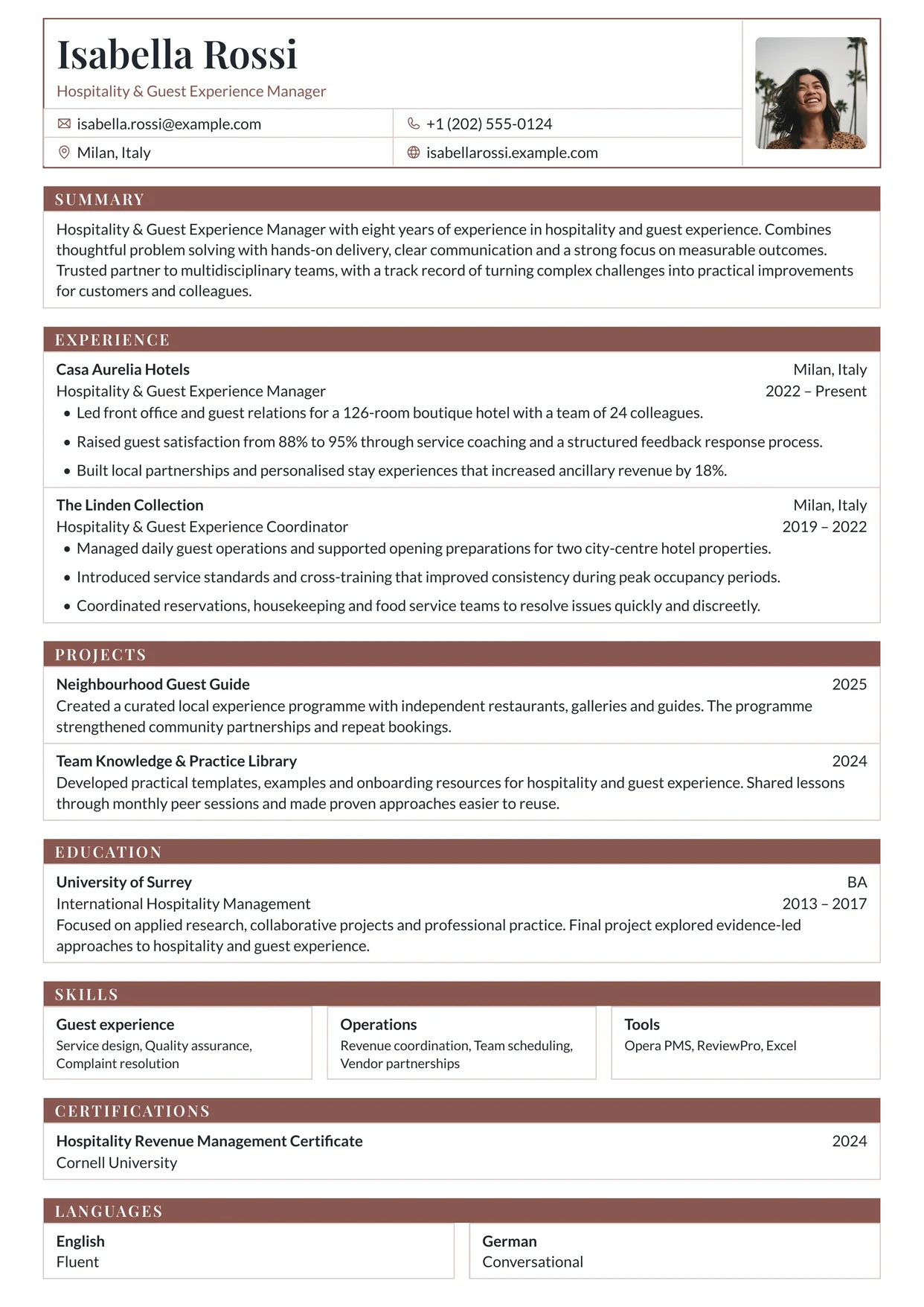 First page of a resume in the Porygon template: a bordered header of field cells and each section as a ruled table under a solid title bar