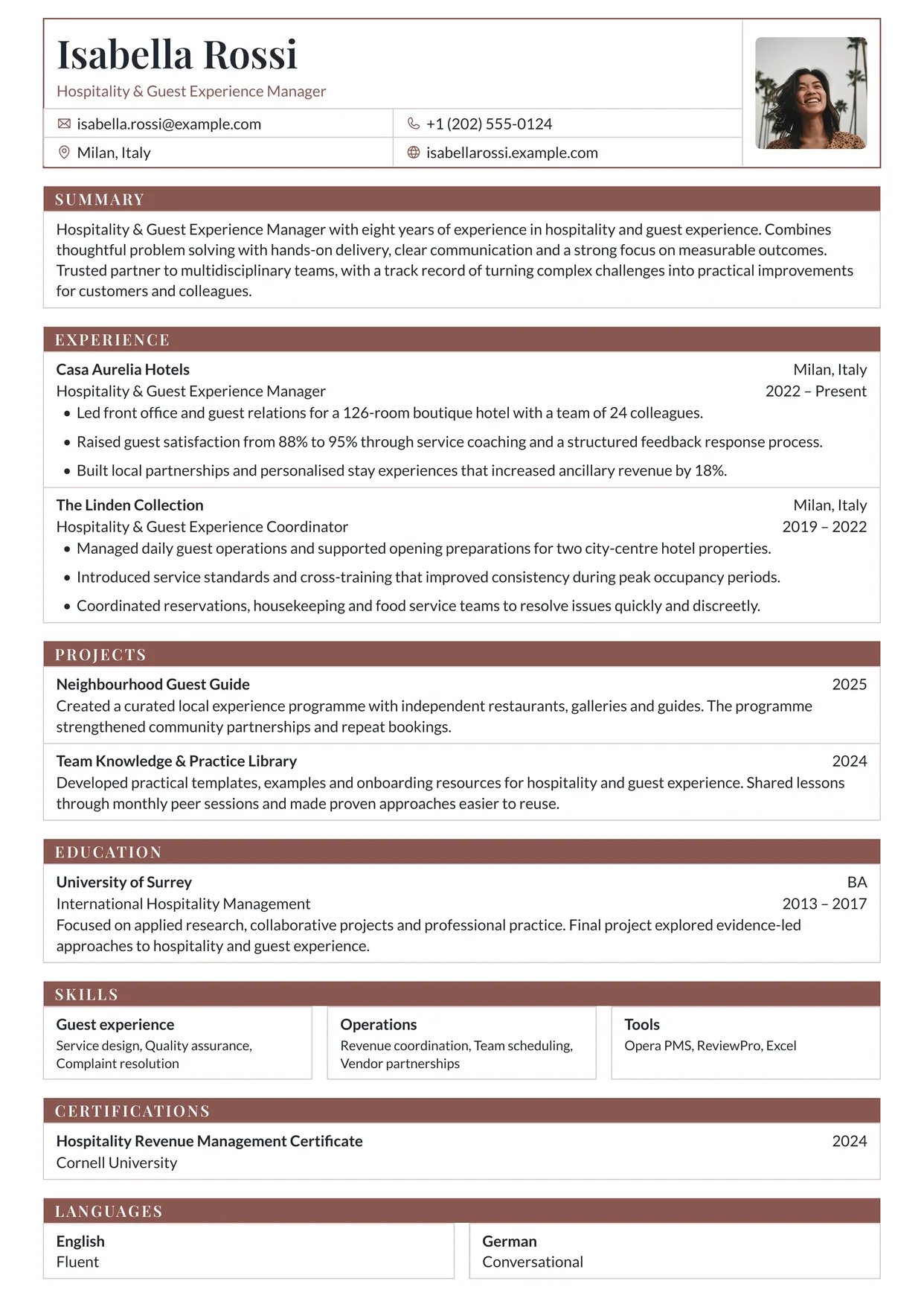 First page of a resume in the Porygon template: a bordered header of field cells and each section as a ruled table under a solid title bar