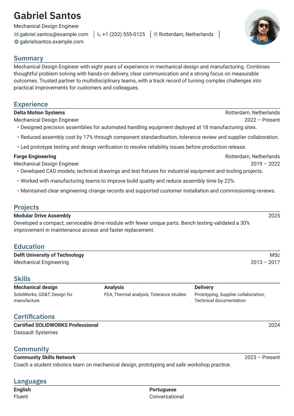 First page of a resume in the Rhyhorn template: minimal top header and one column