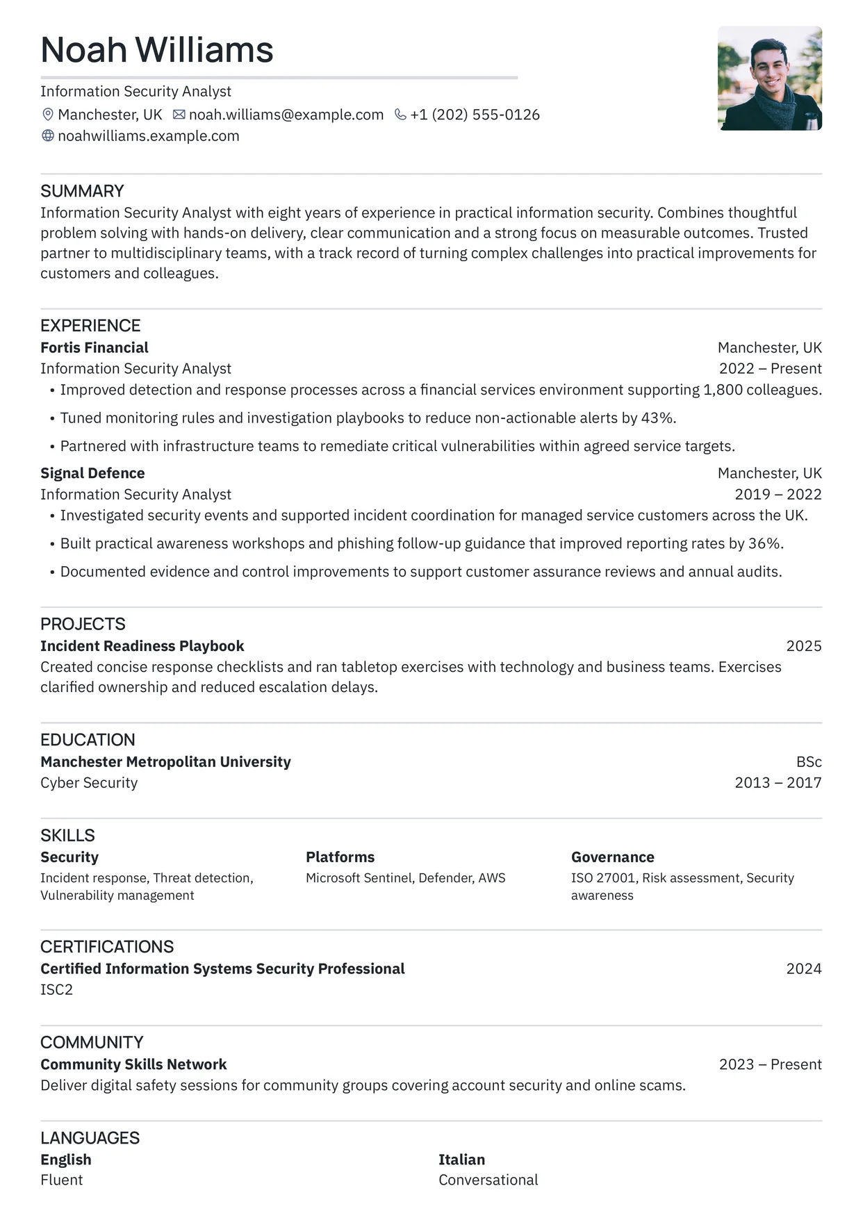 First page of a resume in the Scizor template: one column with uppercase section headings