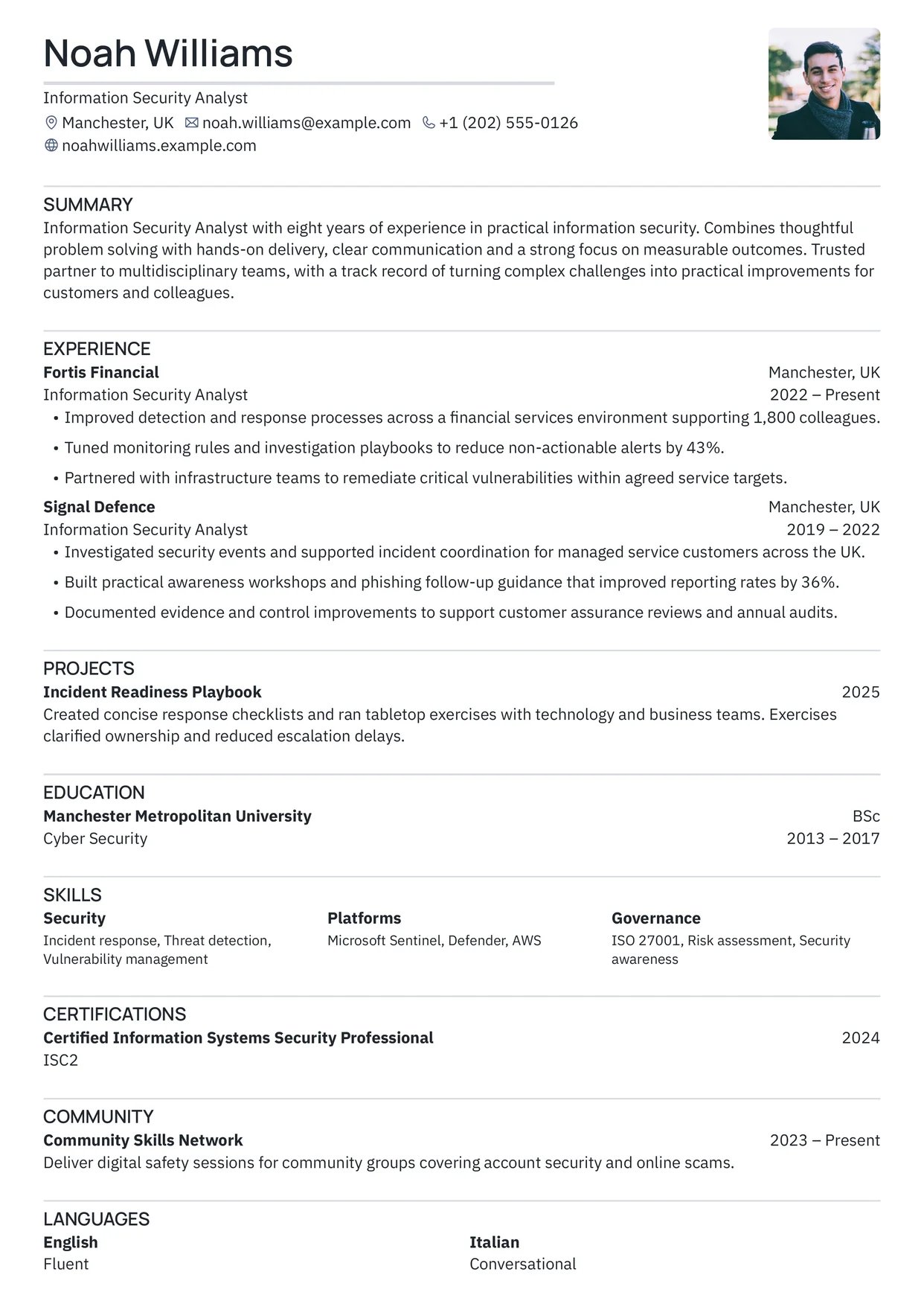 First page of a resume in the Scizor template: one column with uppercase section headings