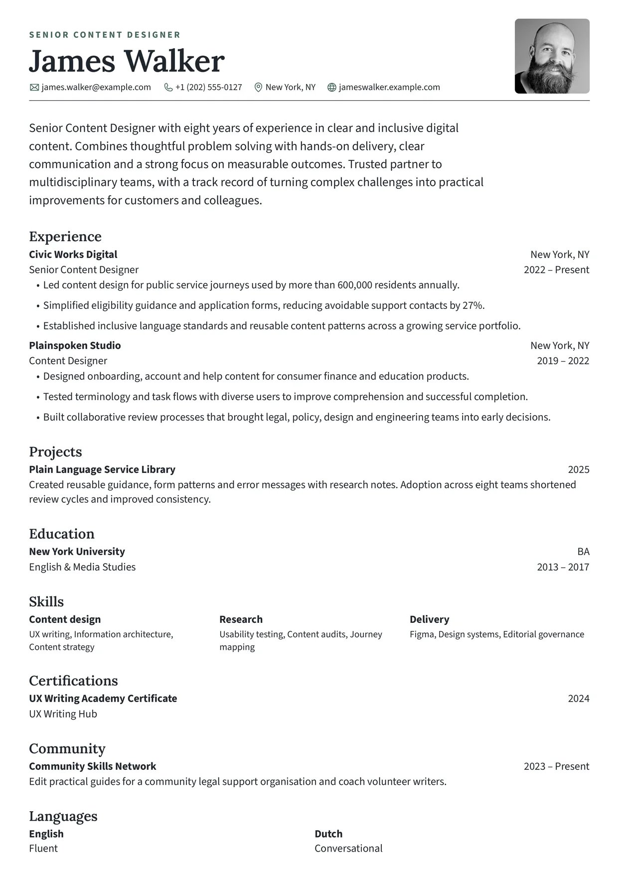 First page of a resume in the Smeargle template: a large name under a small uppercase kicker and a larger introduction