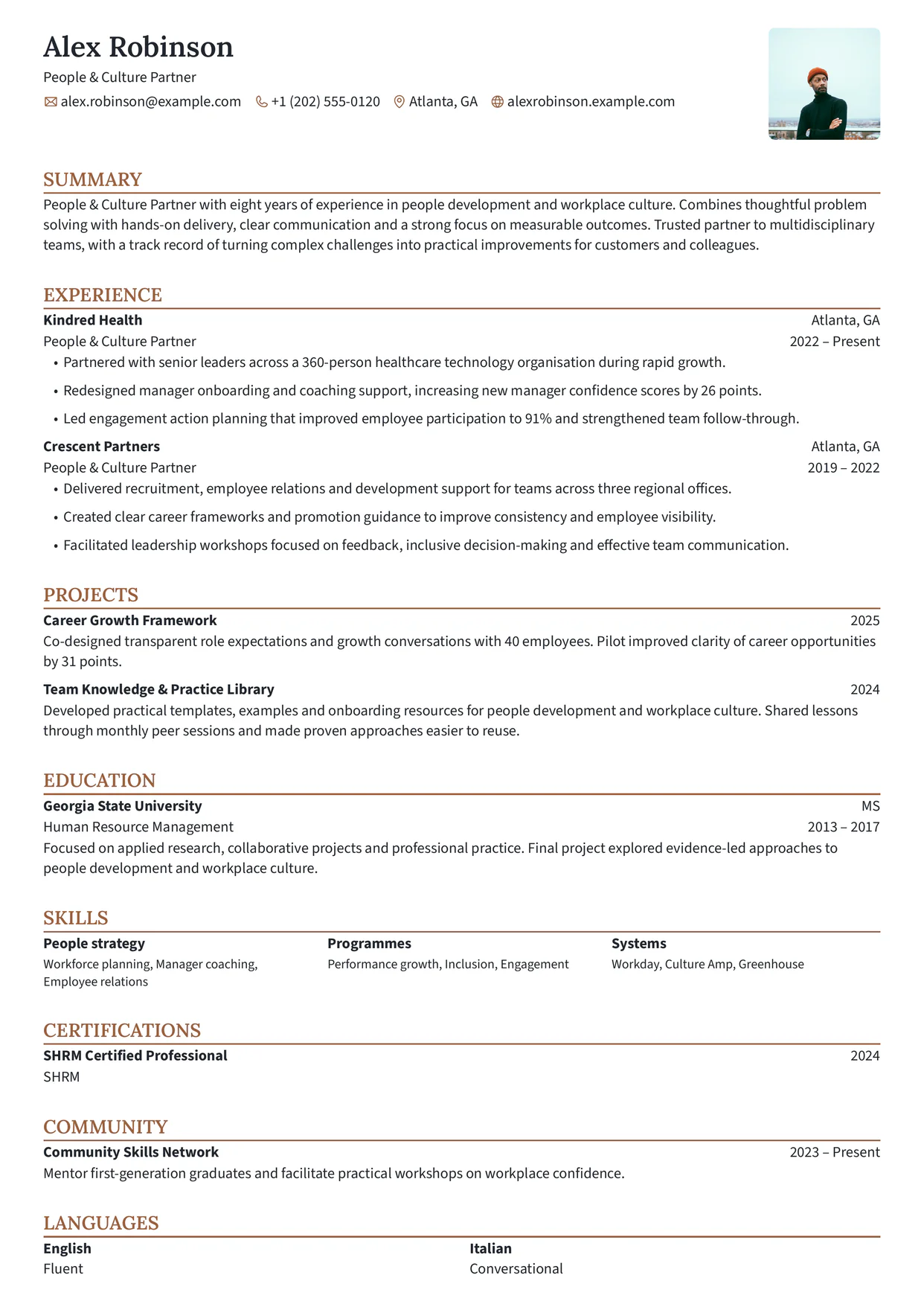 First page of a resume in the Meowth template: compact one column with uppercase section headings over a colored rule, and each entry's company above its position