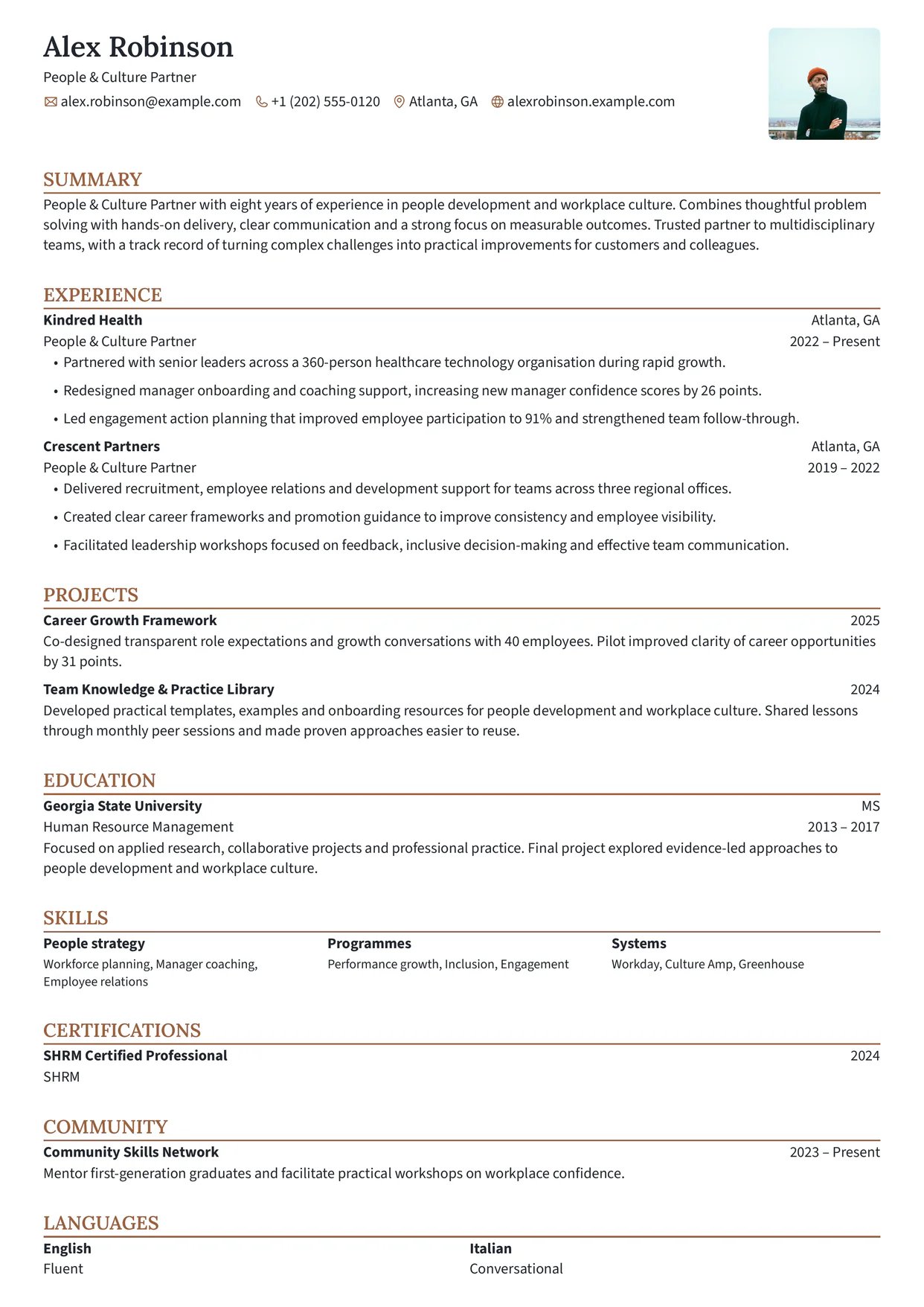 First page of a resume in the Meowth template: compact one column with uppercase section headings over a colored rule, and each entry's company above its position