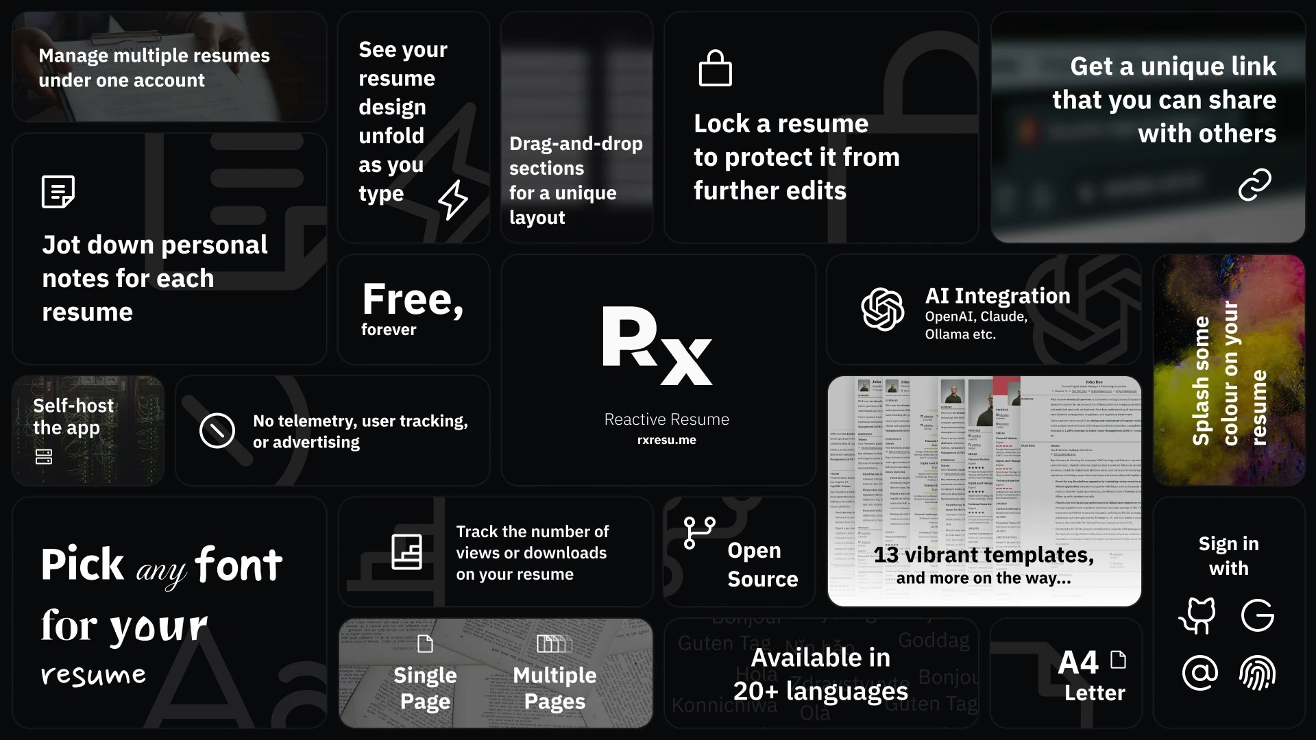 An infographic of the major features of Reactive Resume