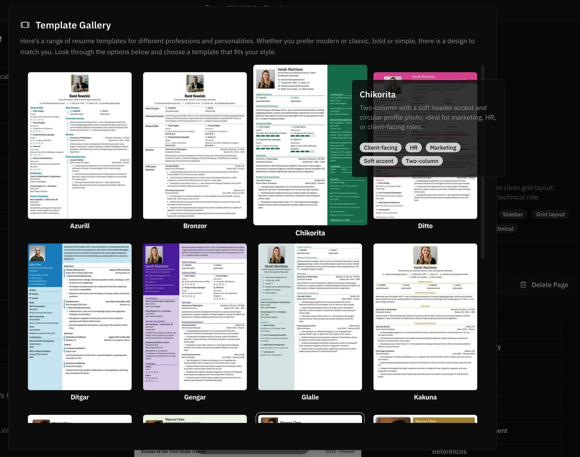 Screenshot of selecting a new template from the gallery