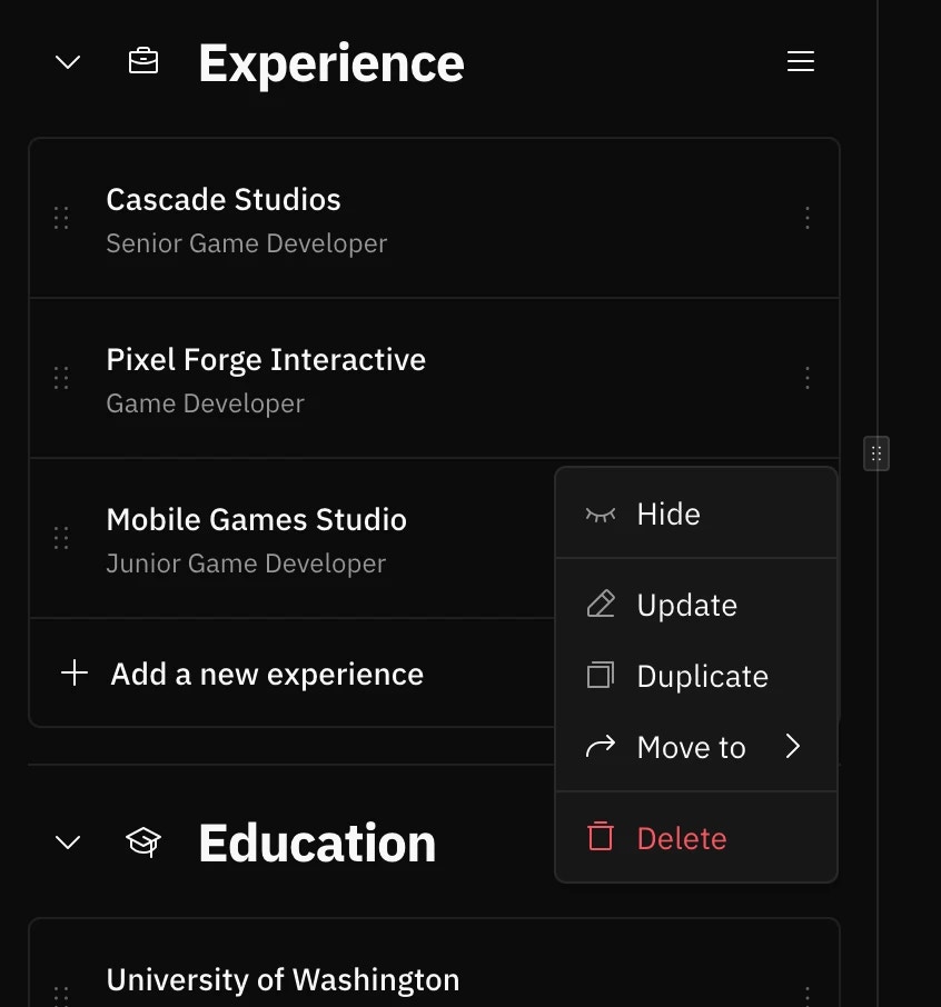Screenshot of the dropdown menu icon on a section item