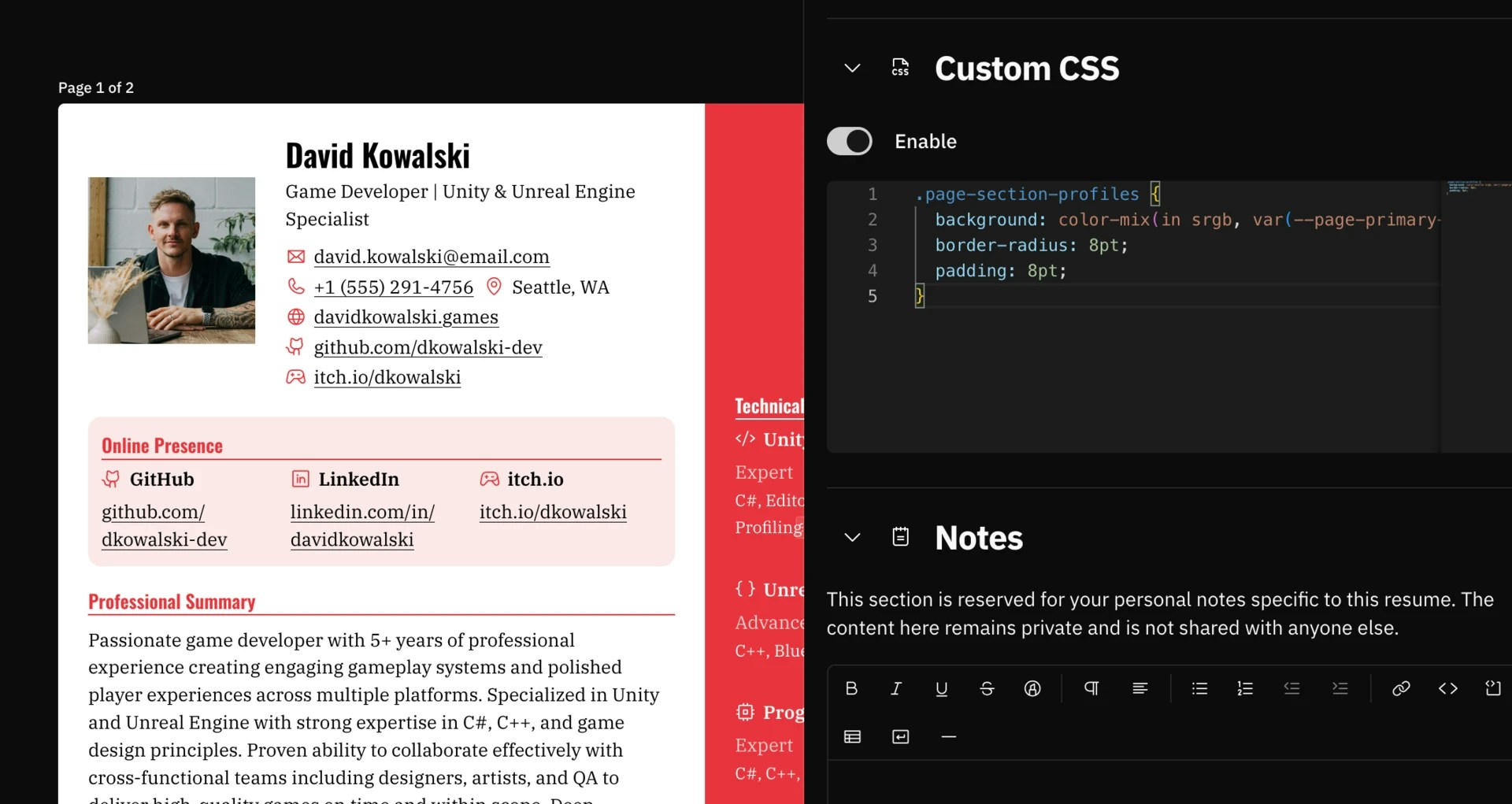 Screenshot of the Custom CSS section in the right sidebar
