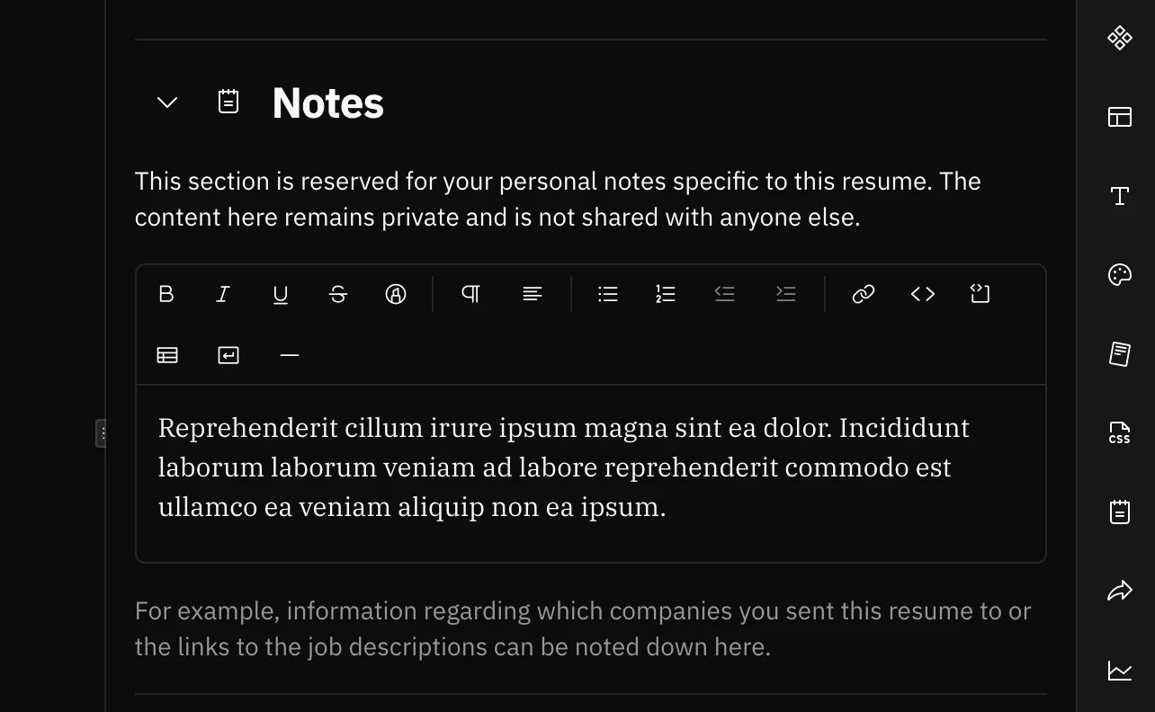 Screenshot of the Notes section in the right sidebar