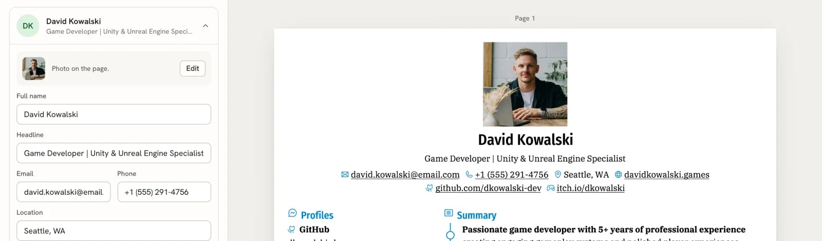 The Basics card with Full name set to David Kowalski and a headline, email, phone and location, next to the resume page showing the same name and contact details under a photo.
