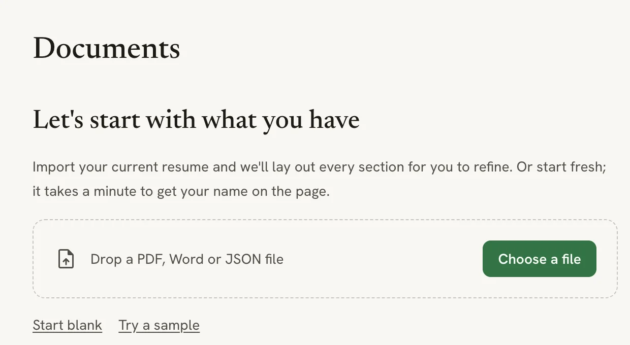 The empty Documents page with the heading "Let's start with what you have", a drop zone for a PDF, Word or JSON file with a Choose a file button, and Start blank and Try a sample links underneath.