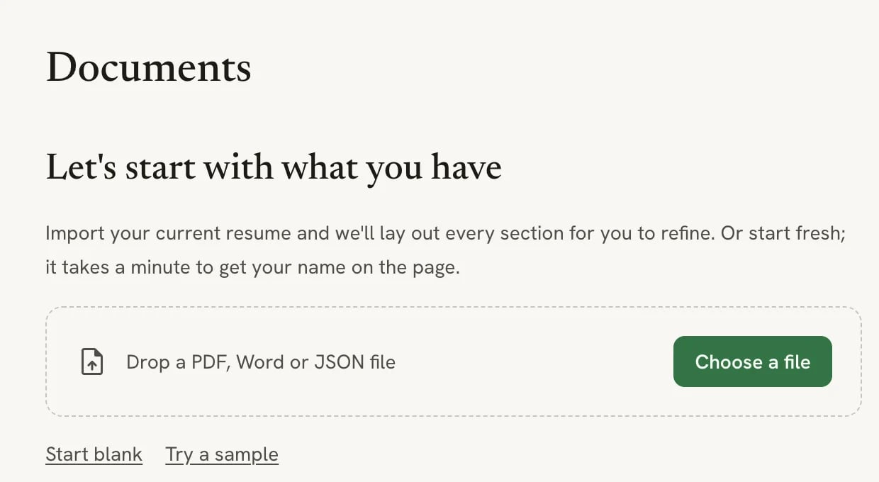 The empty Documents page with the heading "Let's start with what you have", a drop zone for a PDF, Word or JSON file with a Choose a file button, and Start blank and Try a sample links underneath.