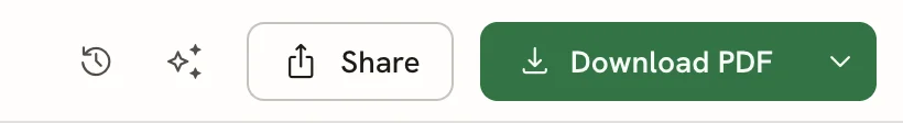 The right side of the editor bar with the History and Assistant icon buttons, a Share button and a green Download PDF button with a small arrow on its right.