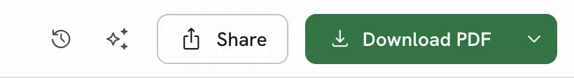 The right side of the editor bar with the History and Assistant icon buttons, a Share button and a green Download PDF button with a small arrow on its right.