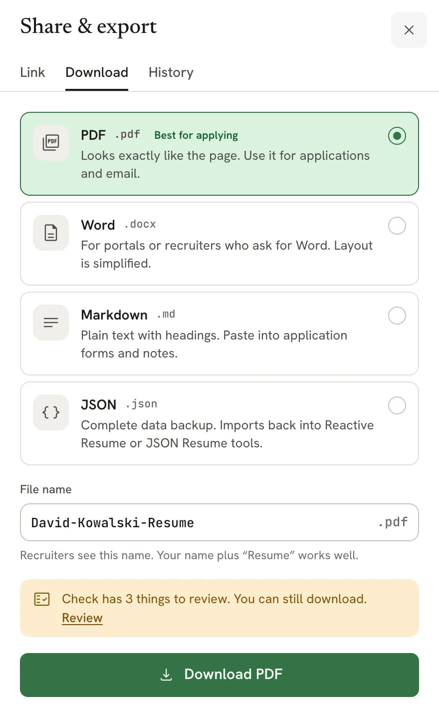 The Share and export panel with Link, Download and History tabs. The Download tab lists PDF (Best for applying), Word, Markdown and JSON, a File name field set to David-Kowalski-Resume, a note that Check has 3 things to review, and a Download PDF button.