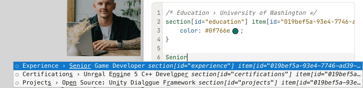 Autocomplete suggestions under the word Senior, led by Experience › Senior Game Developer with its section and item selector