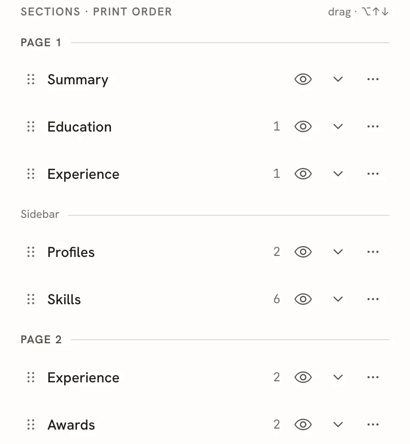 The Write panel's section list headed Sections, print order, with a Page 1 divider over Summary, Education and Experience, a Sidebar divider over Profiles and Skills, and a Page 2 divider over Experience and Awards