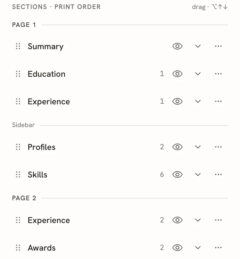 The Write panel's section list headed Sections, print order, with a Page 1 divider over Summary, Education and Experience, a Sidebar divider over Profiles and Skills, and a Page 2 divider over Experience and Awards