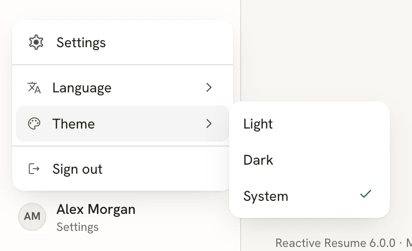 The account menu opened from the sidebar with Settings, Language, Theme and Sign out, and a Theme submenu listing Light, Dark and System with System checked