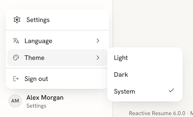 The account menu opened from the sidebar with Settings, Language, Theme and Sign out, and a Theme submenu listing Light, Dark and System with System checked