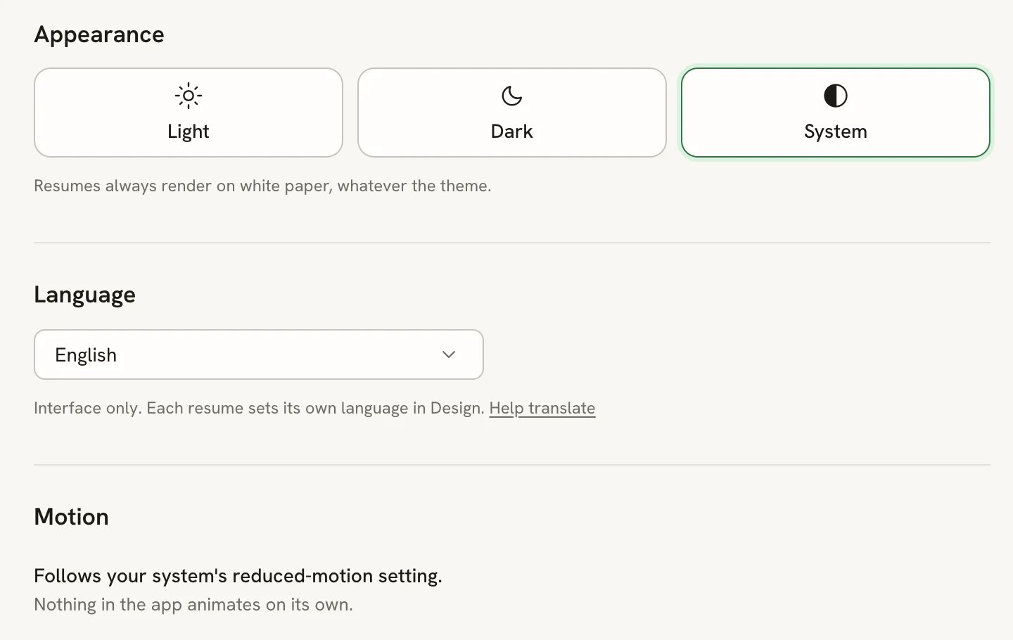 The Preferences page with Light, Dark and System theme tiles under Appearance, an English language picker under Language, and a Motion note