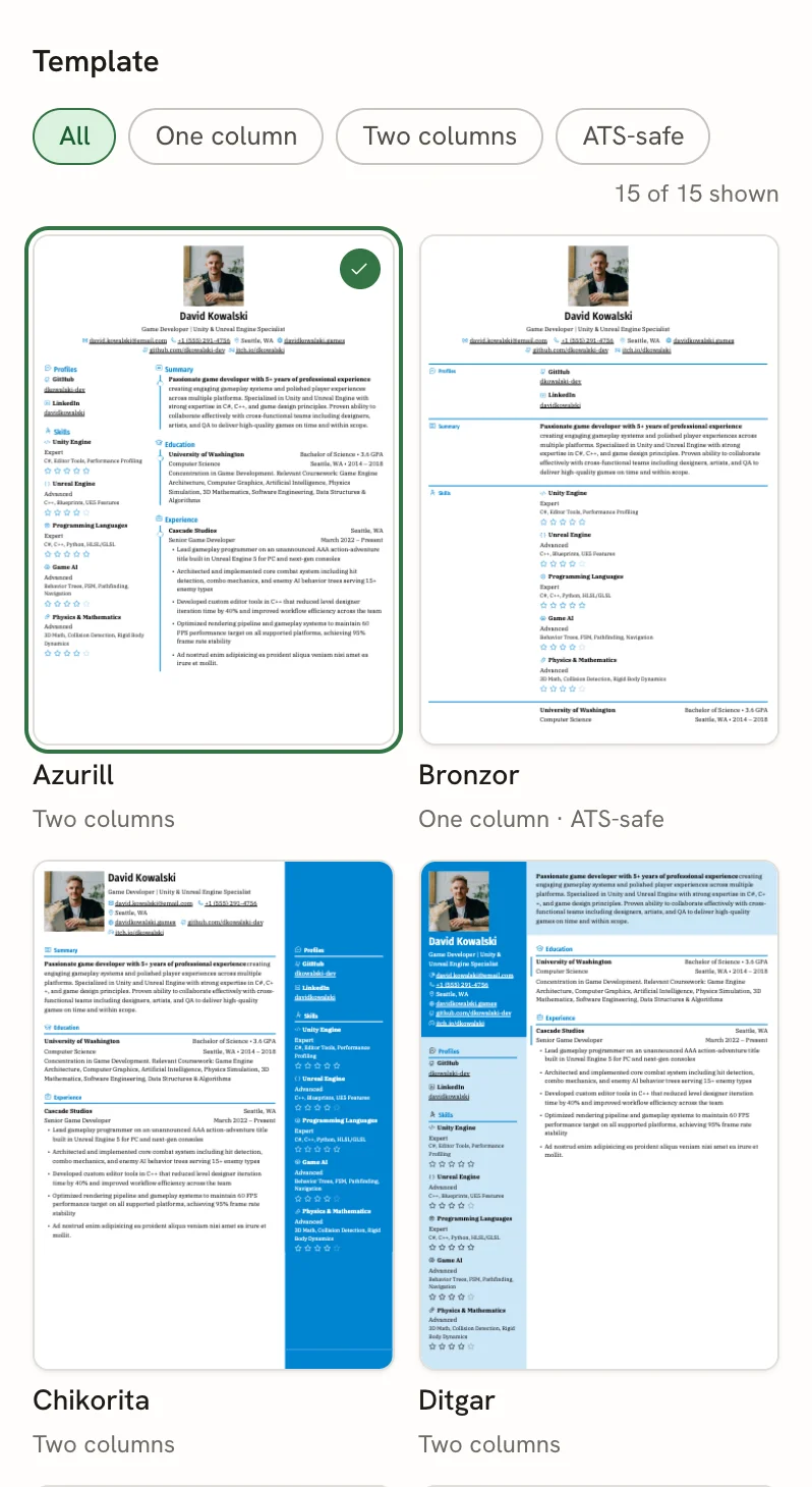 The Template group in the Design panel, showing the All, One column, Two columns and ATS-safe filters, a template counter, and thumbnails of the Azurill, Bronzor, Chikorita and Ditgar templates with Azurill checked