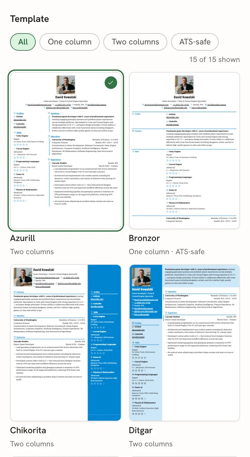 The Template group in the Design panel, showing the All, One column, Two columns and ATS-safe filters, a template counter, and thumbnails of the Azurill, Bronzor, Chikorita and Ditgar templates with Azurill checked
