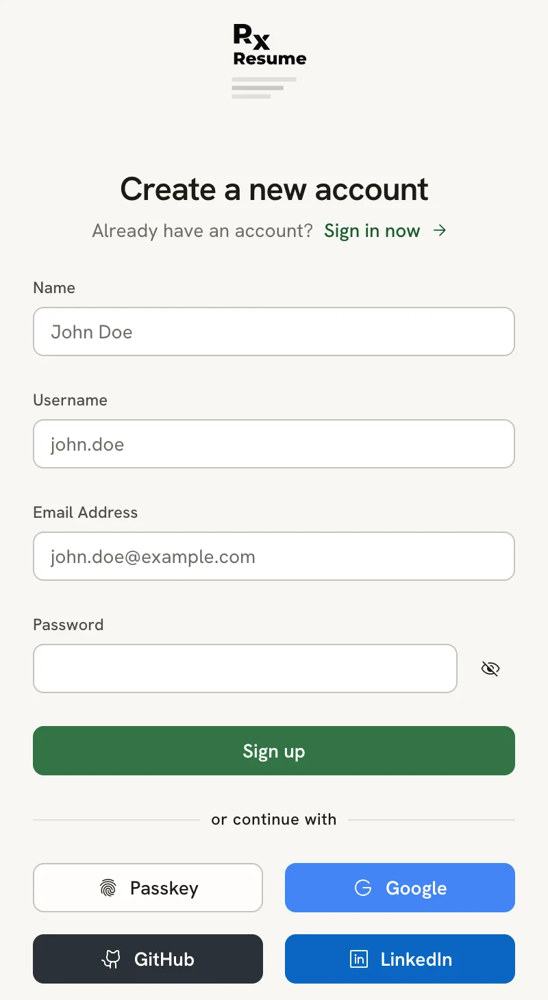 The Create a new account form with Name, Username, Email Address and Password fields, a Sign up button, and Passkey, Google, GitHub and LinkedIn buttons below