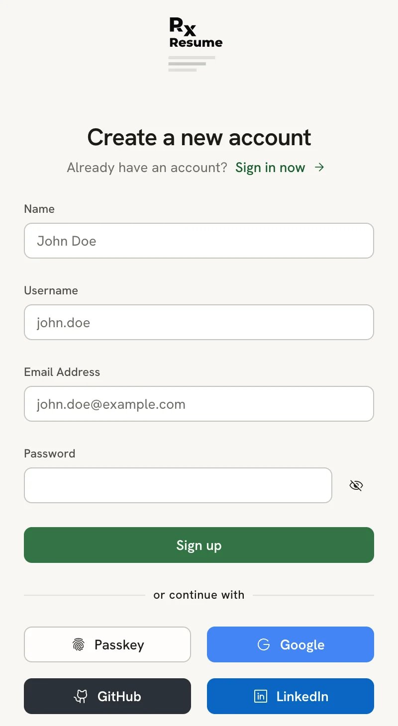 The Create a new account form with Name, Username, Email Address and Password fields, a Sign up button, and Passkey, Google, GitHub and LinkedIn buttons below