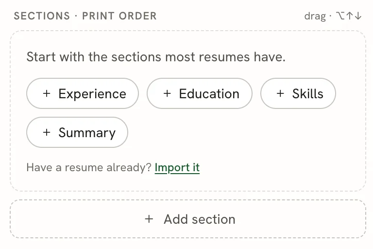 The Sections list on a new resume with buttons for Experience, Education, Skills and Summary, an Import it link, and an Add section button