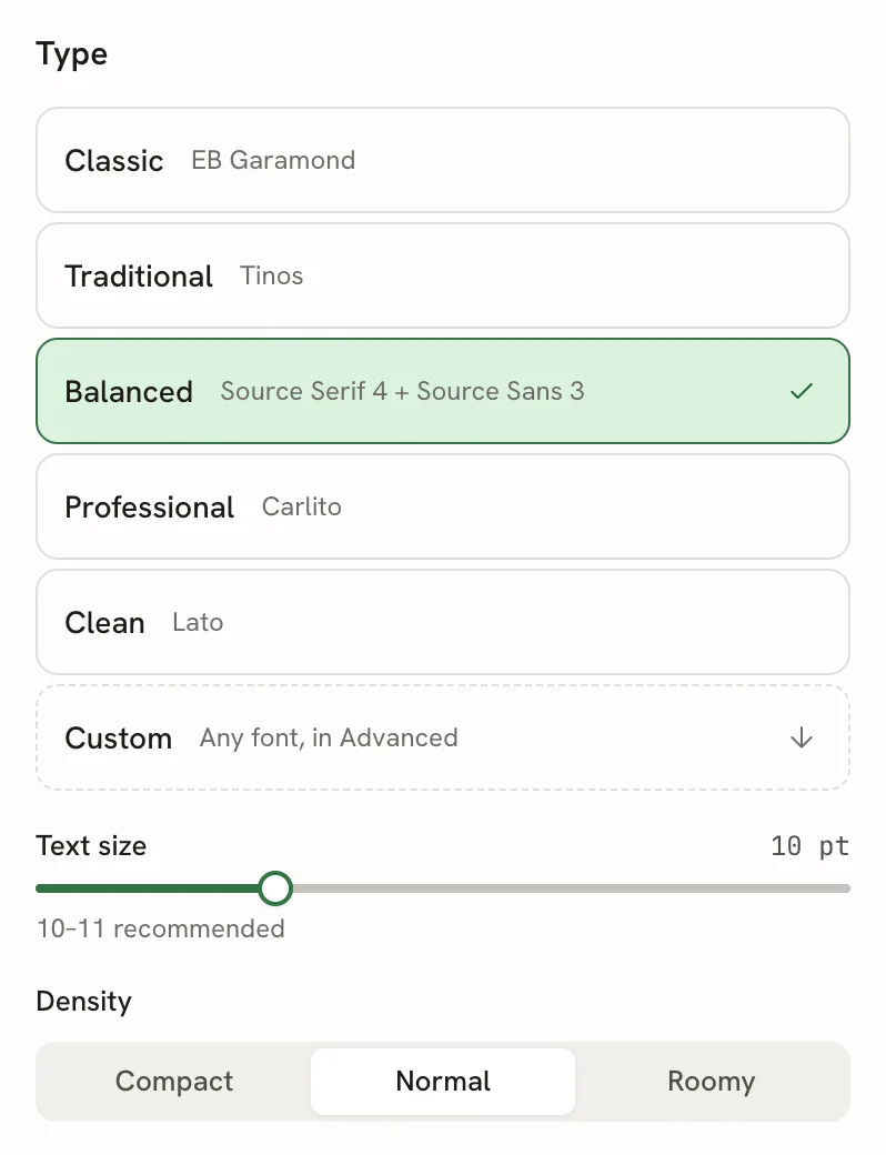 The Type group showing five font pairings (Classic, Traditional, Balanced, Professional, Clean) with Balanced selected, a Custom row, the Text size slider at 10 pt with the hint 10 to 11 recommended, and Density set to Normal