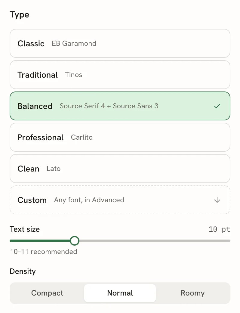 The Type group showing five font pairings (Classic, Traditional, Balanced, Professional, Clean) with Balanced selected, a Custom row, the Text size slider at 10 pt with the hint 10 to 11 recommended, and Density set to Normal