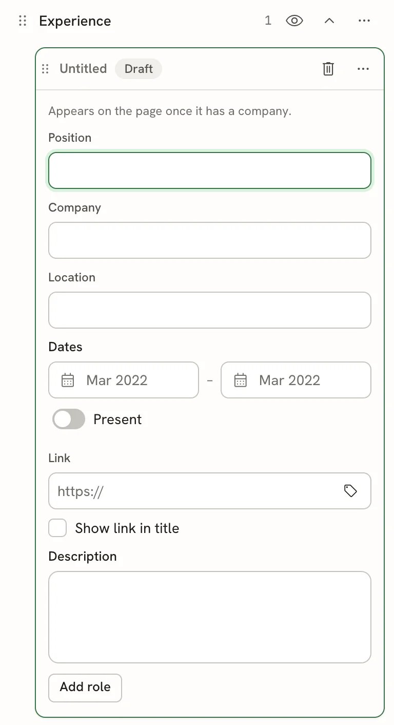 An open Experience entry titled Untitled with a Draft badge and the note Appears on the page once it has a company, followed by empty Position, Company, Location, Dates, Link and Description fields and an Add role button.