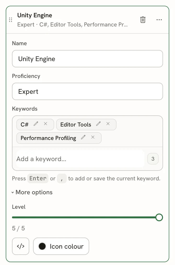 An open Skills entry named Unity Engine with Proficiency Expert, three keywords, and More options expanded to show a Level slider at 5 / 5, an icon button and an Icon colour button.