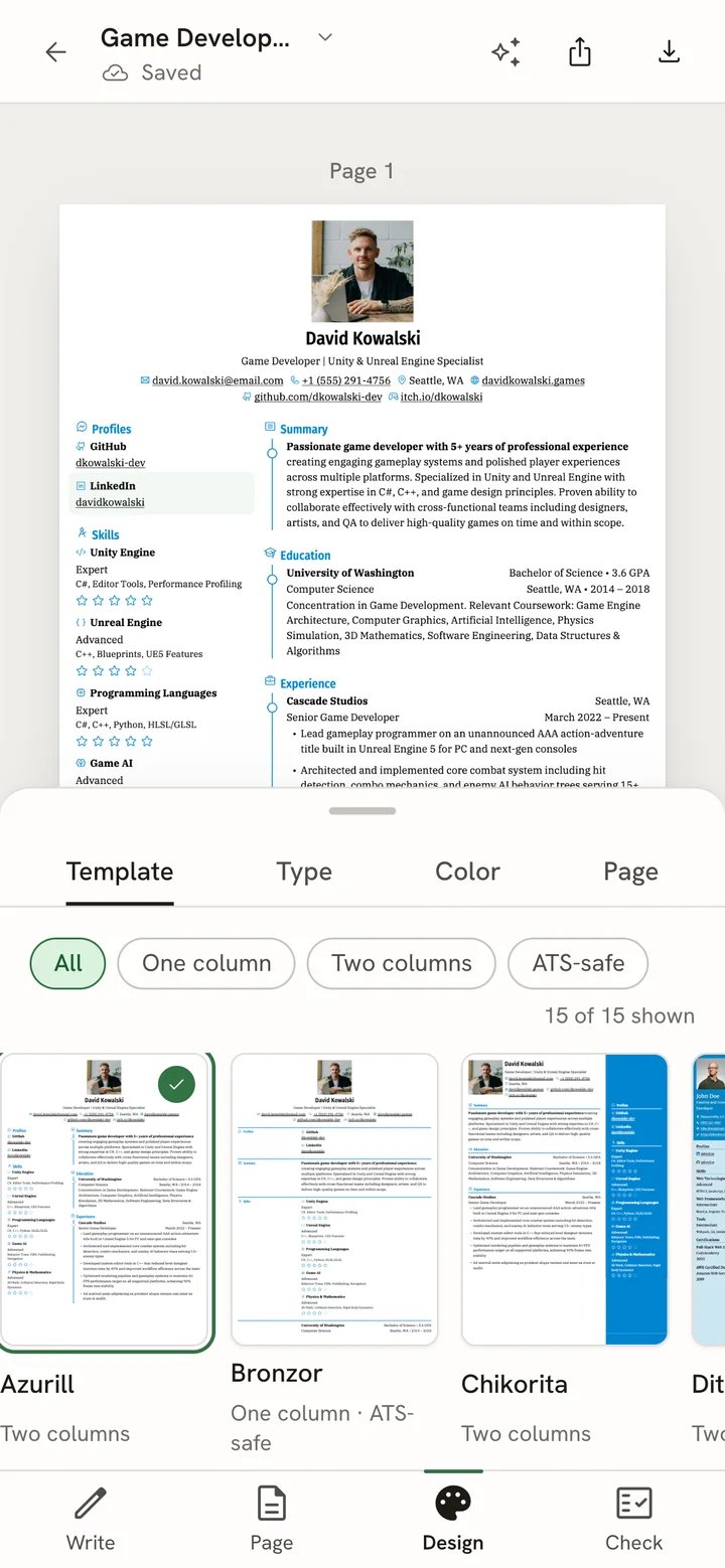 The Design view on a phone with the resume page above and a sheet below showing Template, Type, Color and Page tabs and a strip of template thumbnails