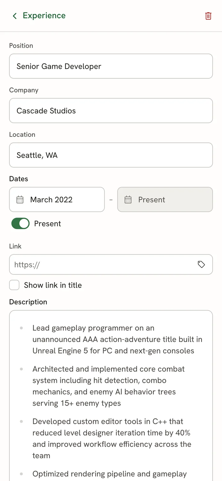 A full-screen experience entry on a phone with a back button labelled Experience, a delete icon, and Position, Company, Location, Dates, Link and Description fields