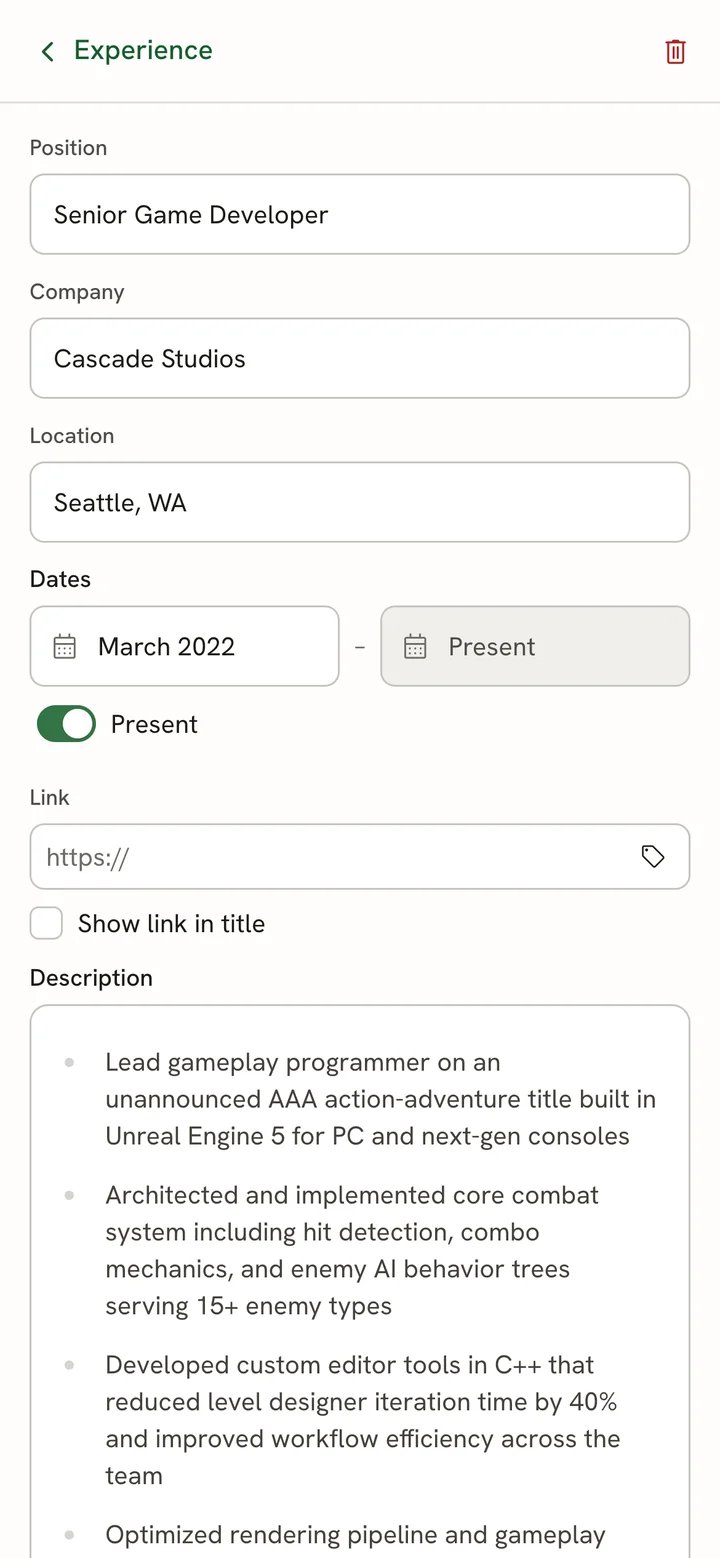 A full-screen experience entry on a phone with a back button labelled Experience, a delete icon, and Position, Company, Location, Dates, Link and Description fields