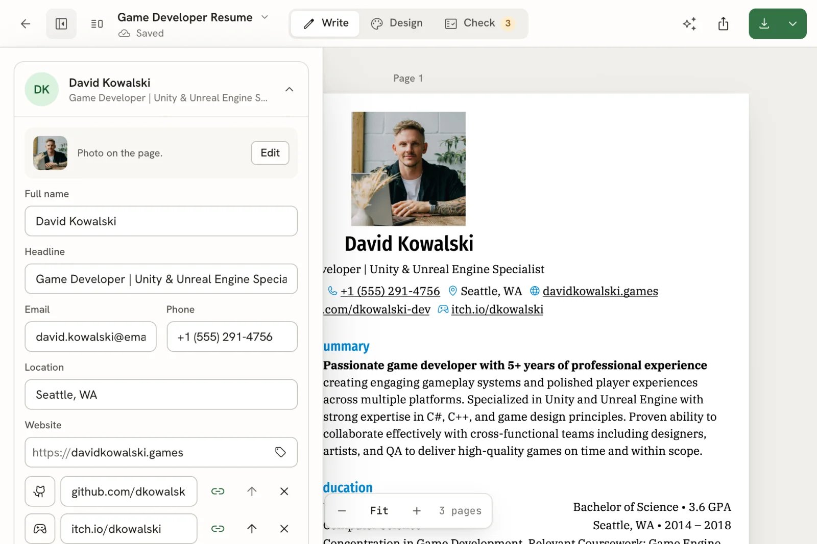 The editor on a tablet in landscape with the Write panel open as a drawer on the left and the resume page behind it