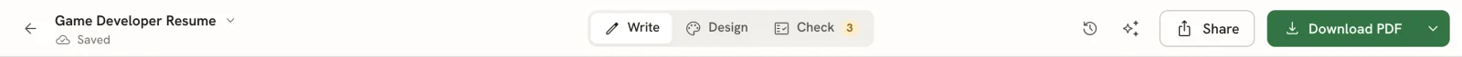 The editor bar with the back arrow, the document name and Saved status, the Write, Design and Check switcher, and the History, Assistant, Share and Download PDF buttons
