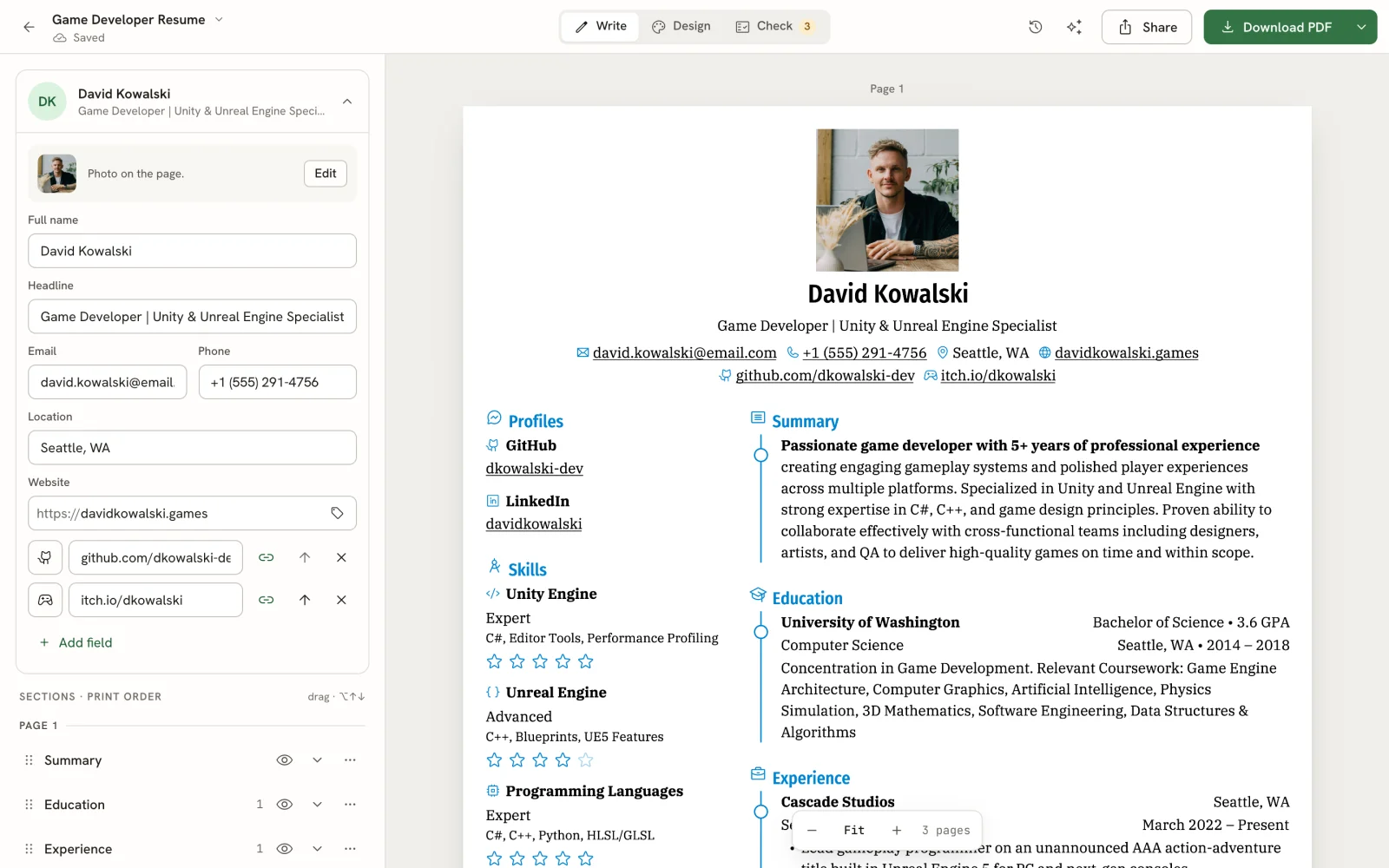 The resume editor showing the editor bar, the Write panel with the Basics card and section outline, and the rendered resume page