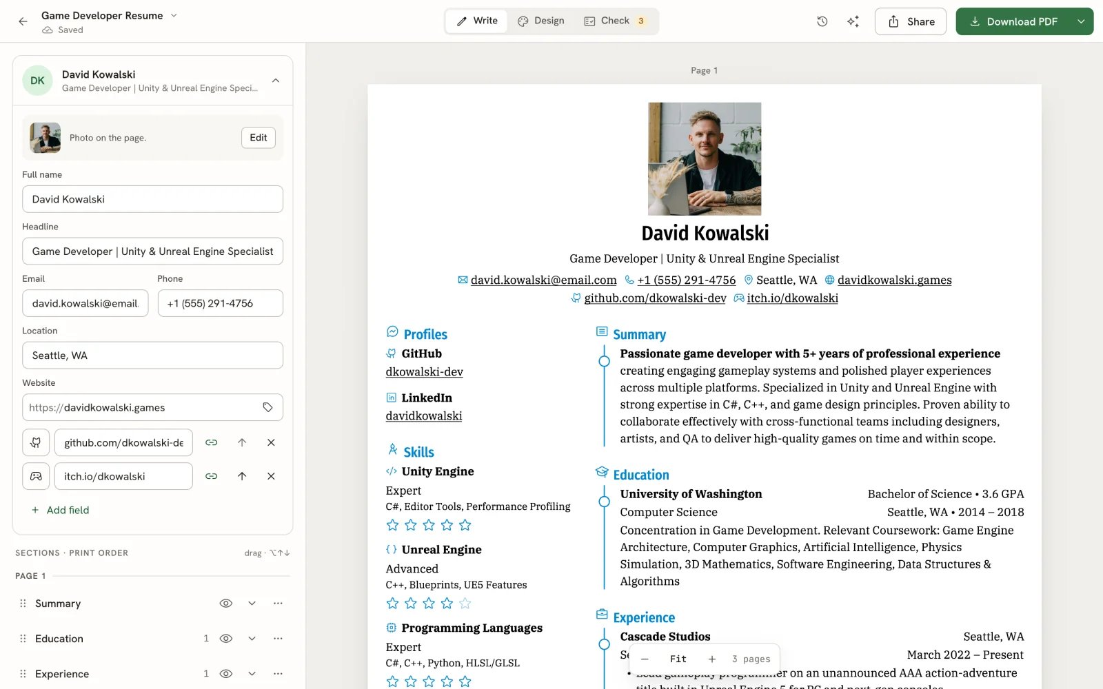 The resume editor showing the editor bar, the Write panel with the Basics card and section outline, and the rendered resume page