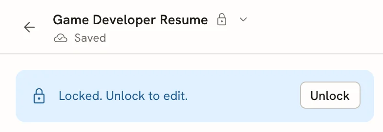 The document name with a lock icon, and a notice in the panel reading Locked. Unlock to edit, with an Unlock button